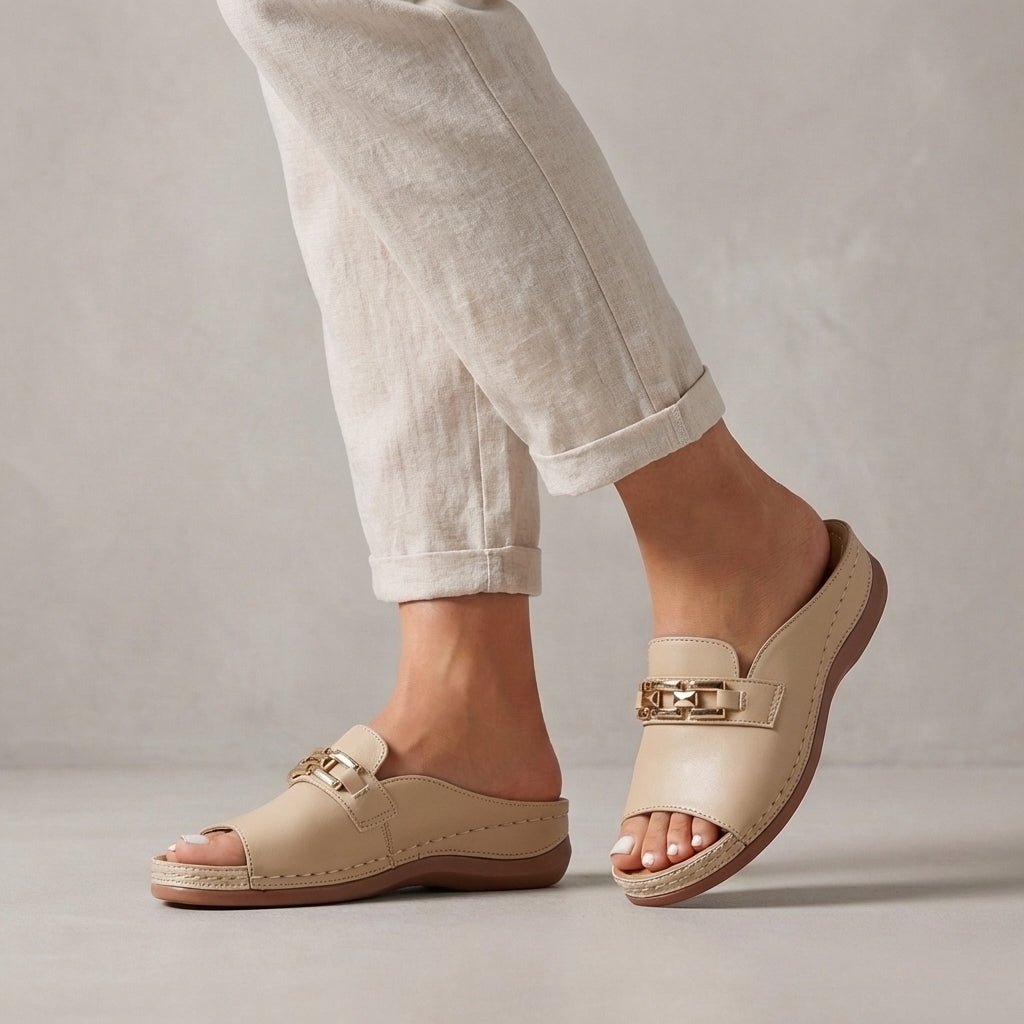 Orthopedic Wedge Sandals Chain Detail Slip-On Comfort - Beige