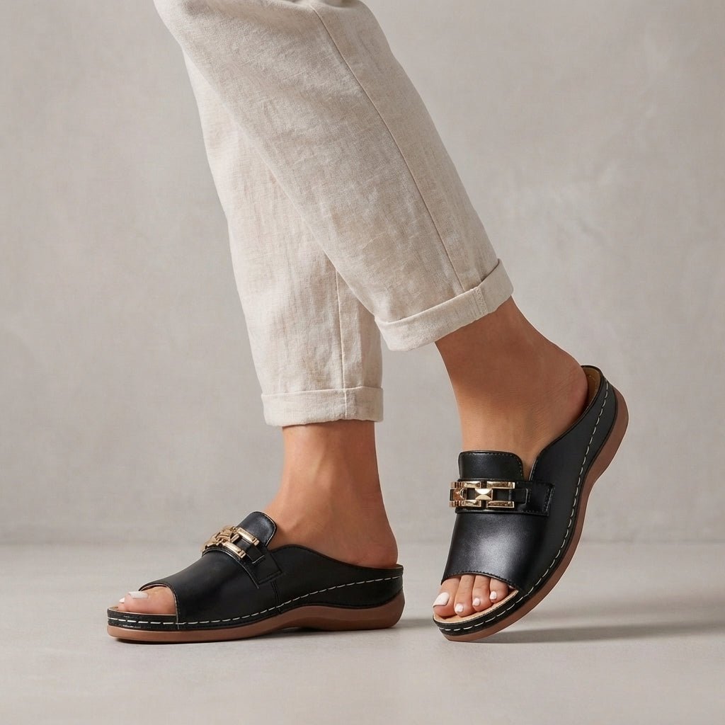 Orthopedic Wedge Sandals Chain Detail Slip-On Comfort - Black