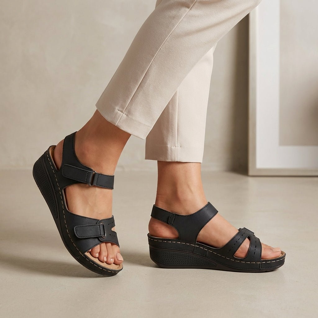 Orthopedic Wedge Sandals Comfort Fit Open Toe Adjustable - Black