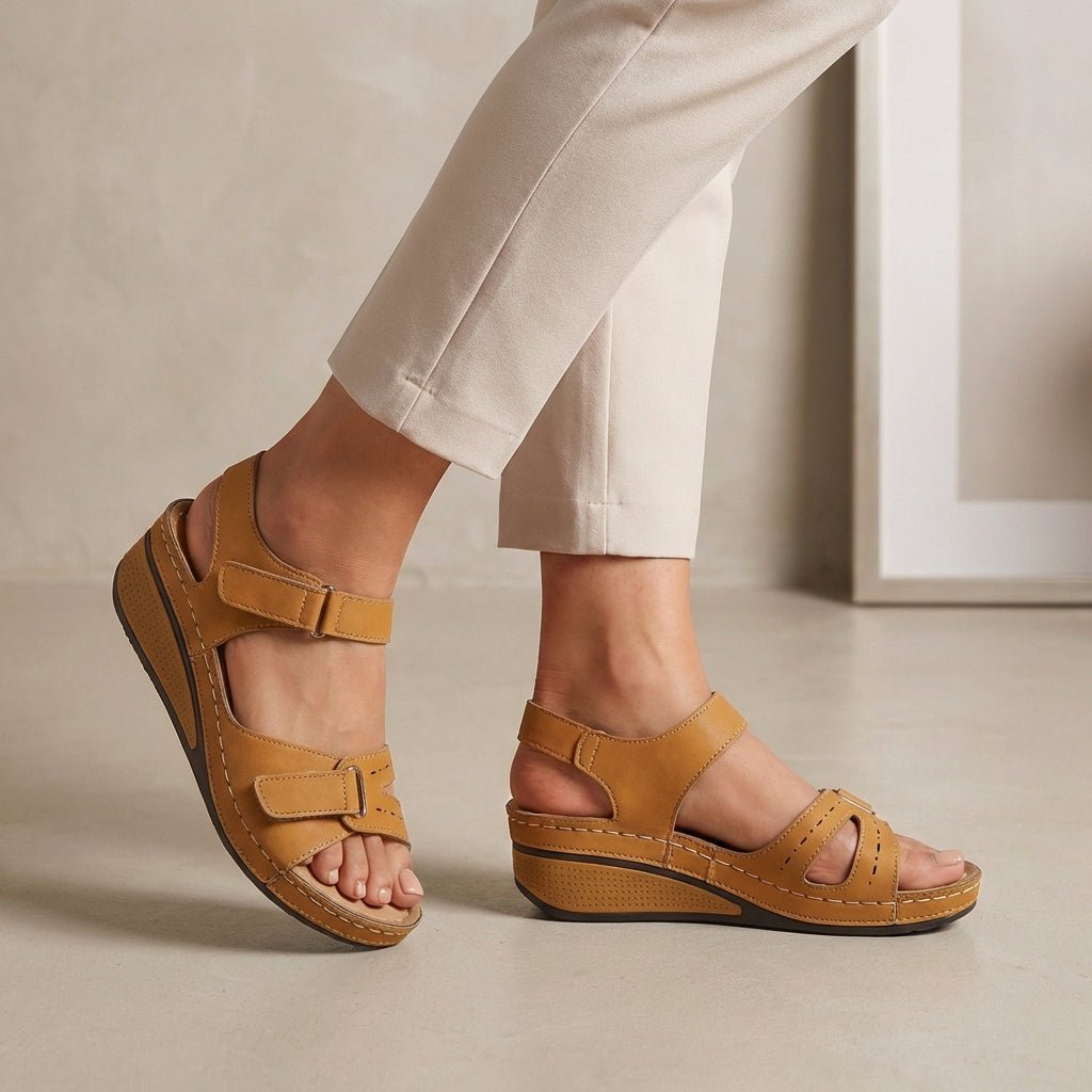 Orthopedic Wedge Sandals Comfort Fit Open Toe Adjustable - Brown