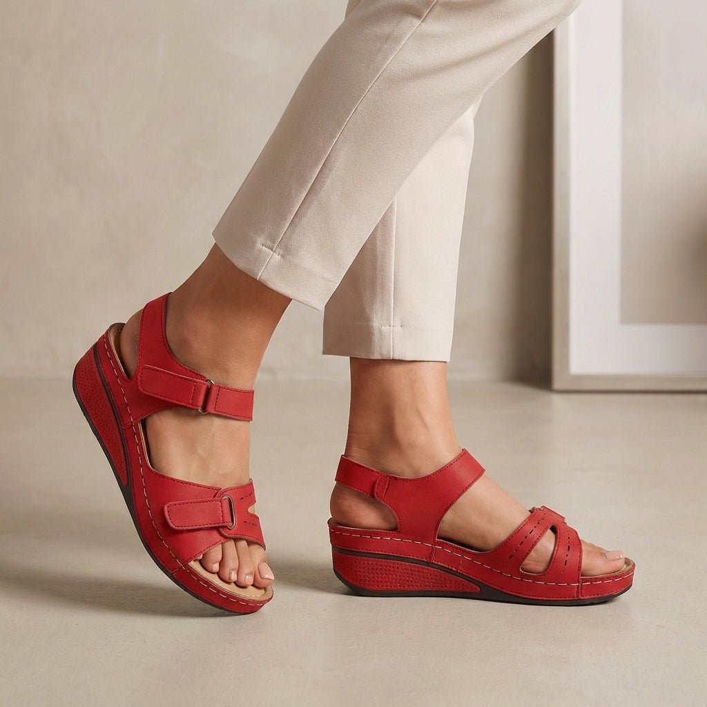 Orthopedic Wedge Sandals Comfort Fit Open Toe Adjustable - Red