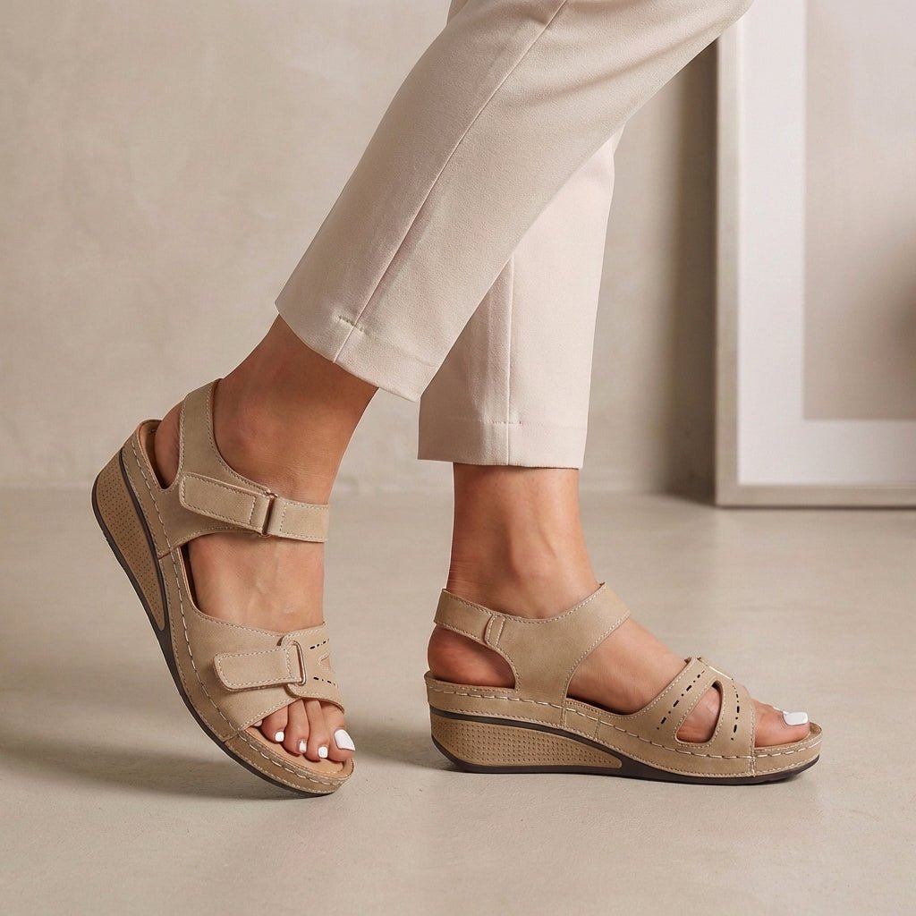 Orthopedic Wedge Sandals Comfort Fit Open Toe Adjustable - Beige