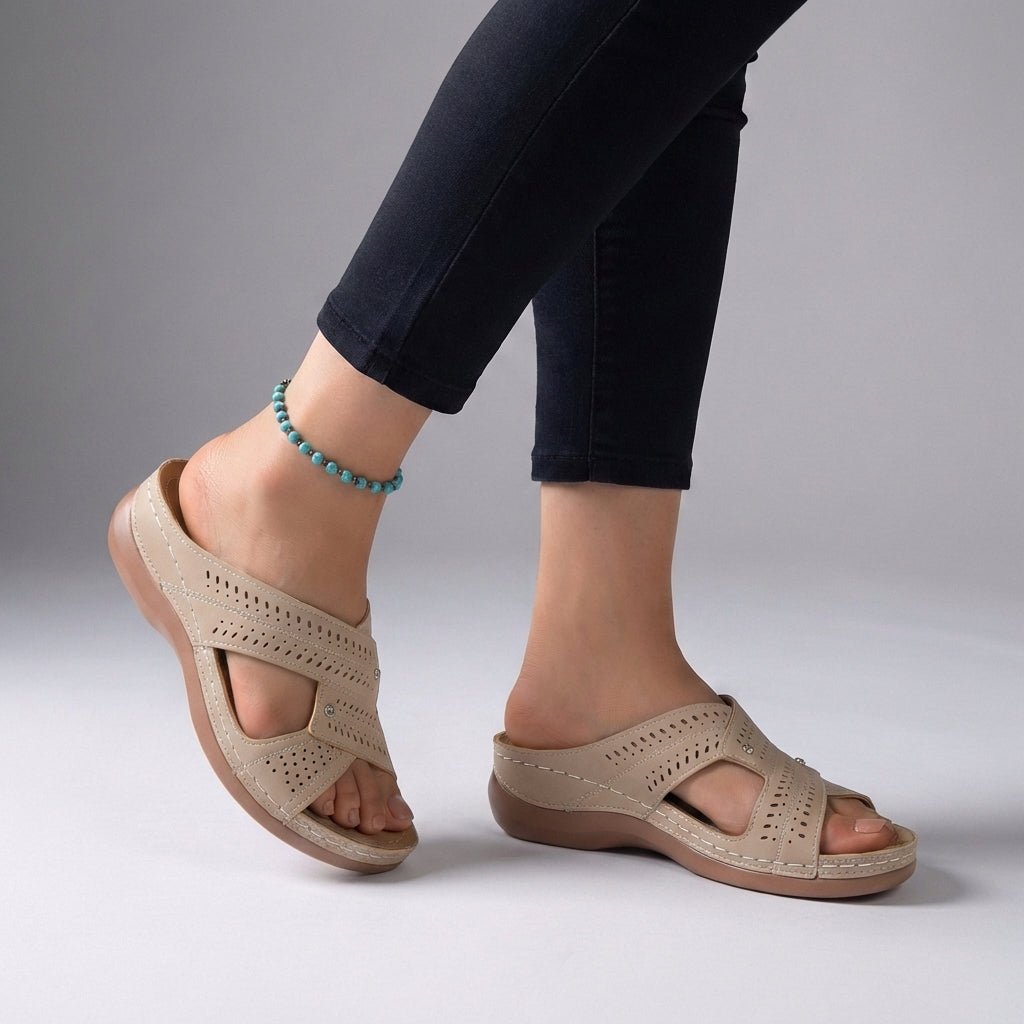 Orthopedic Wedge Sandals Open Toe T-Strap Comfort - Beige
