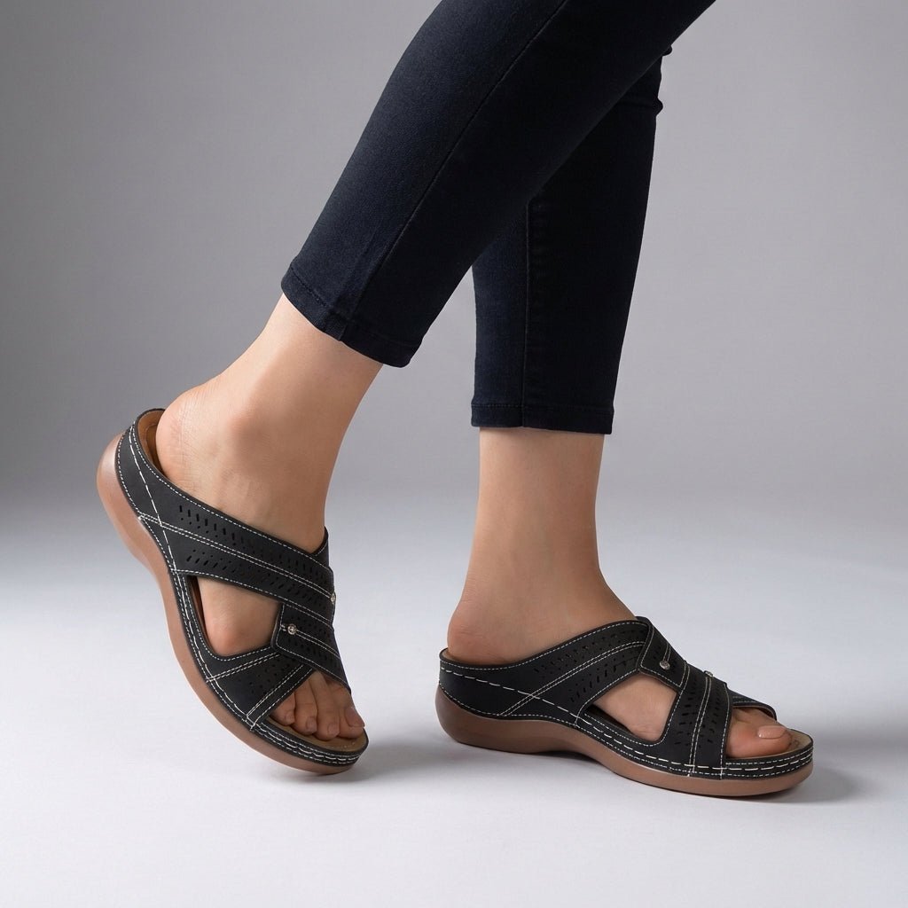 Orthopedic Wedge Sandals Open Toe T-Strap Comfort - Black