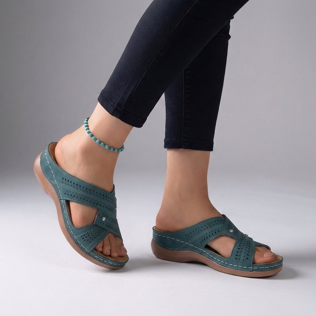 Orthopedic Wedge Sandals Open Toe T-Strap Comfort - Blue