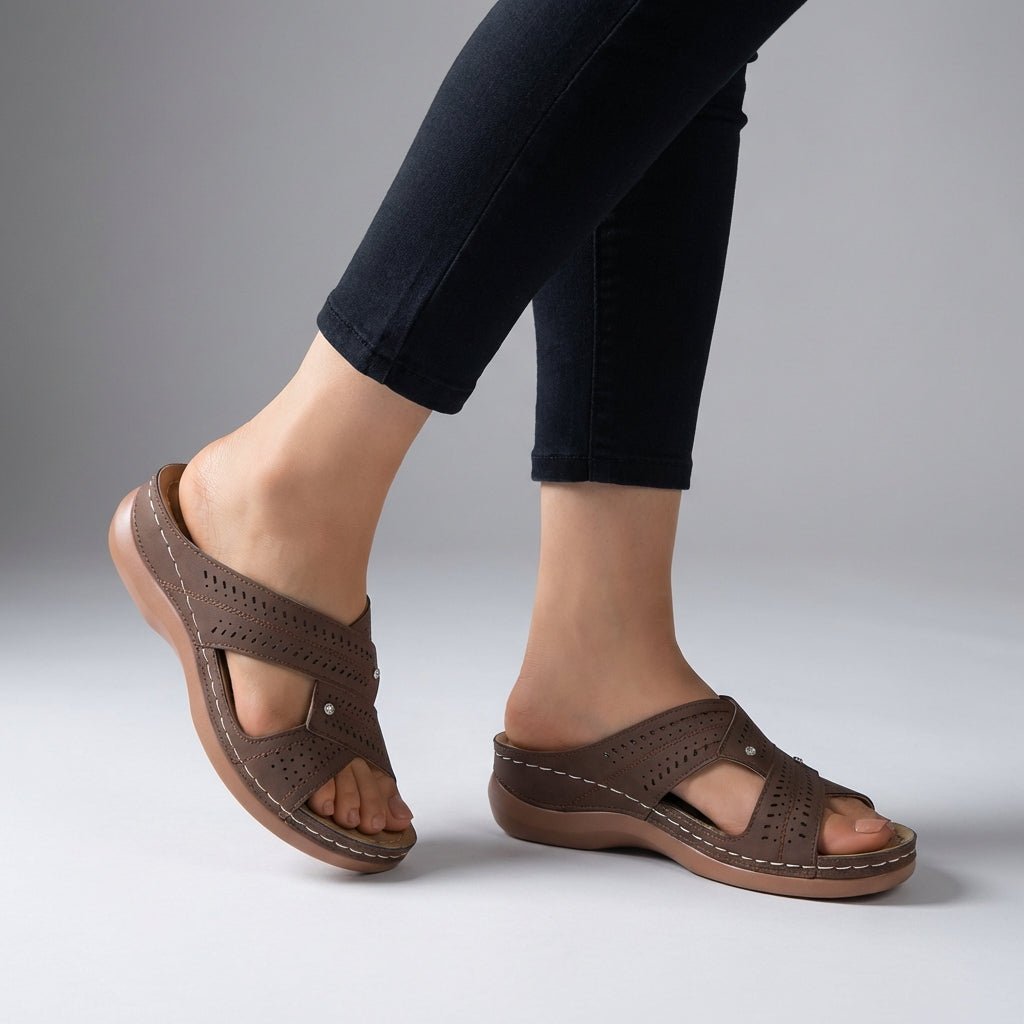 Orthopedic Wedge Sandals Open Toe T-Strap Comfort - Brown