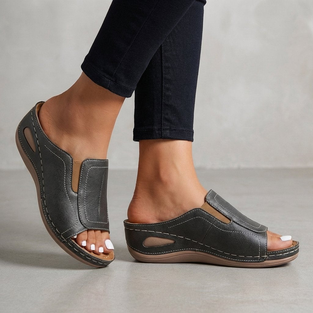Orthopedic Wedge Sandals Women Slip-On Open-Toe Comfort - Charcoal