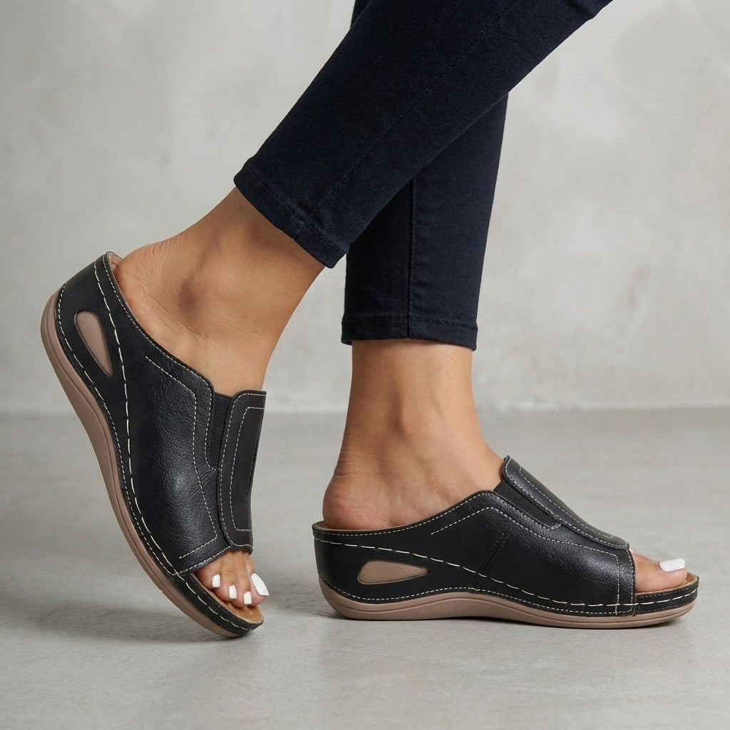Orthopedic Wedge Sandals Women Slip-On Open-Toe Comfort - Black