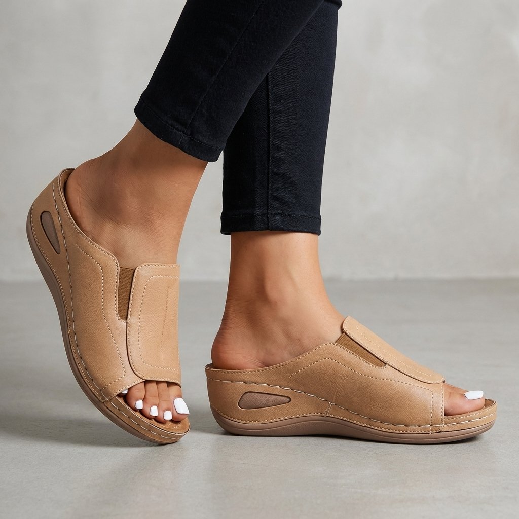 Orthopedic Wedge Sandals Women Slip-On Open-Toe Comfort - Beige