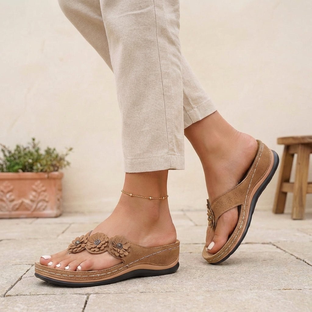 Orthopedic Wedge Thong Sandals Floral Applique Support - Brown