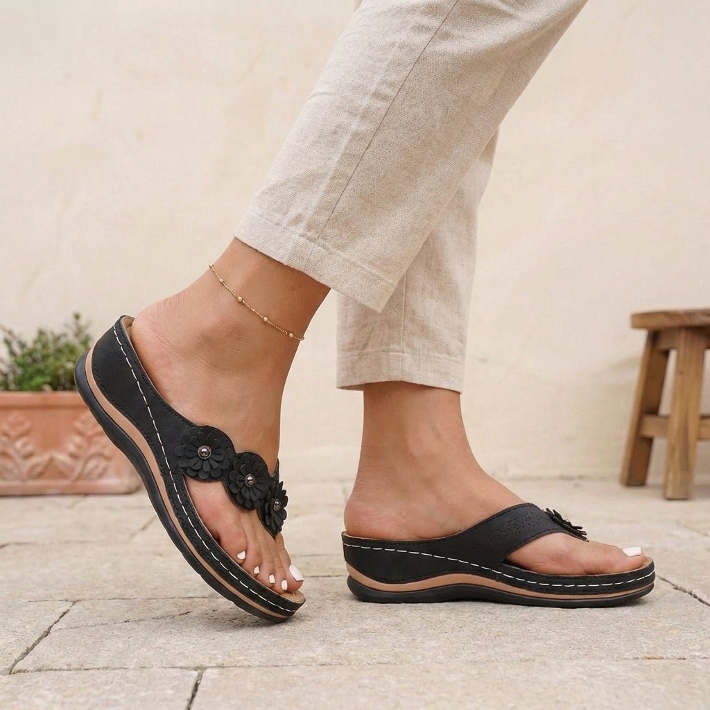 Orthopedic Wedge Thong Sandals Floral Applique Support - Black