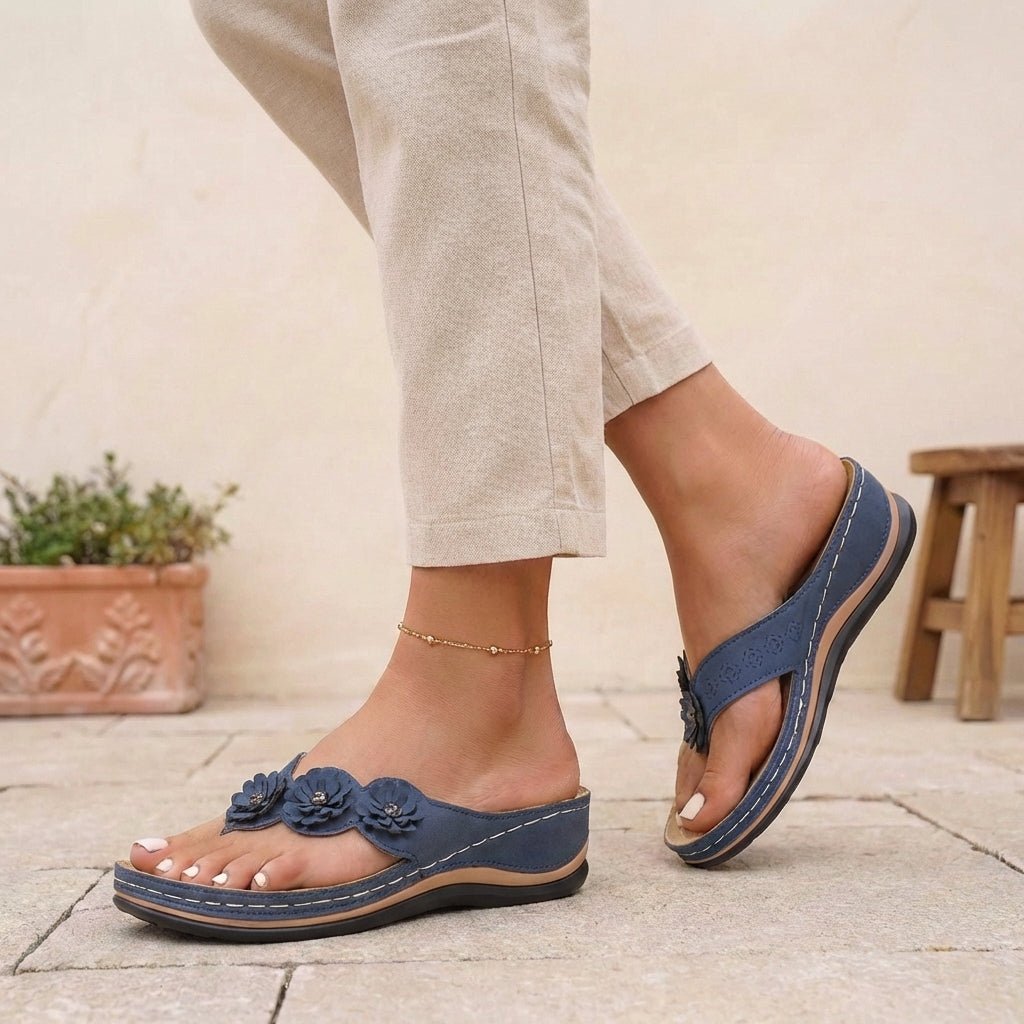 Orthopedic Wedge Thong Sandals Floral Applique Support - Blue
