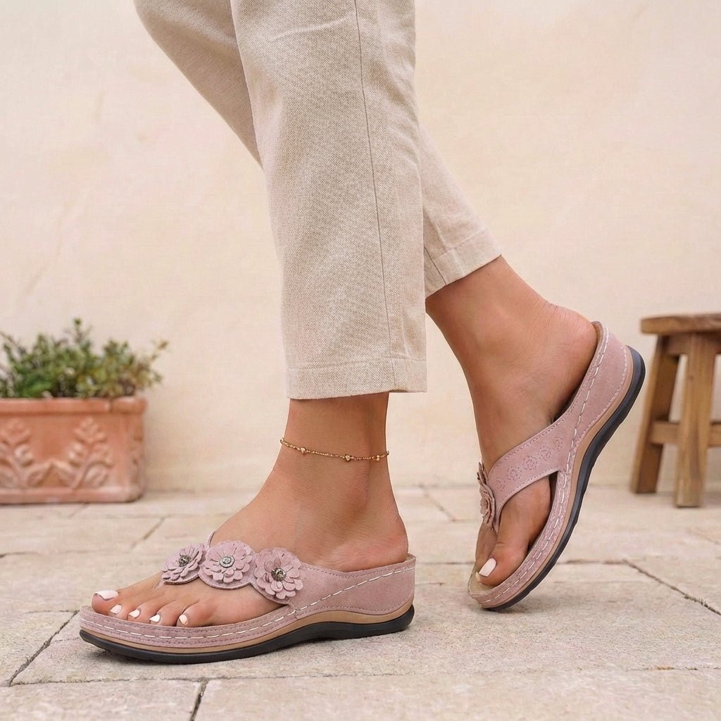Orthopedic Wedge Thong Sandals Floral Applique Support - Pink