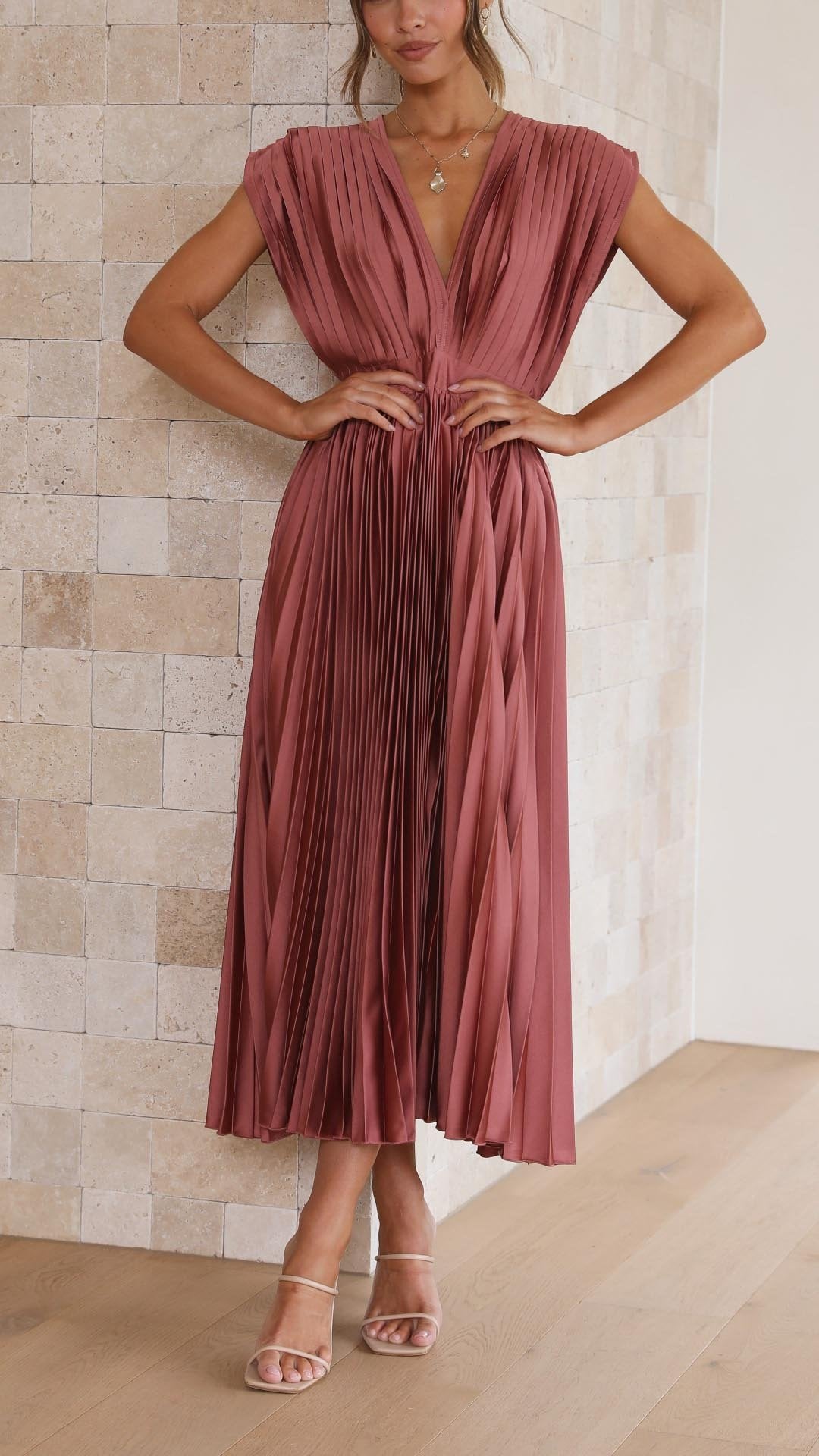 Pleated V-Neck Midi Dress Cap Sleeve Wedding Guest
