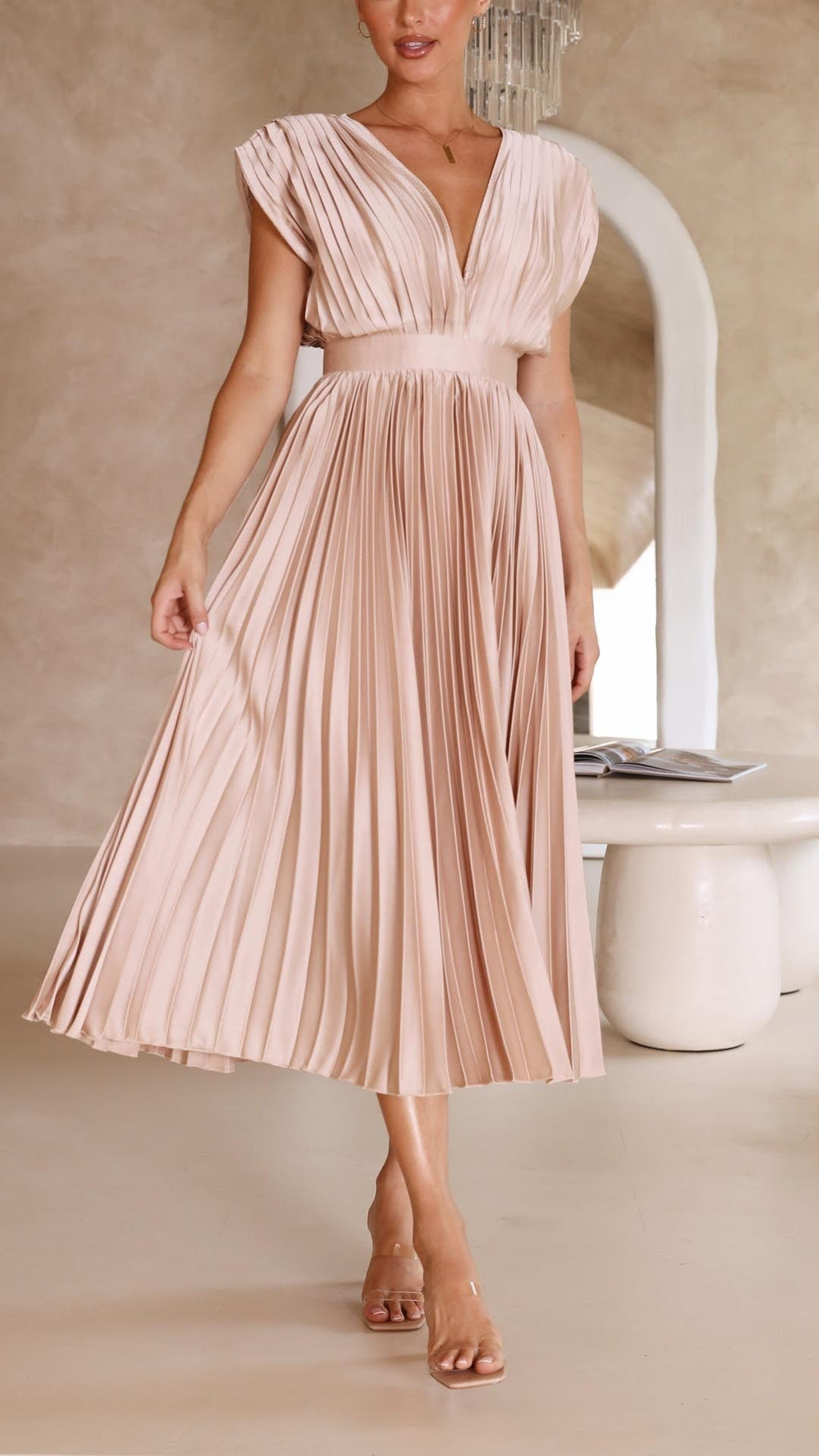 Pleated V-Neck Midi Dress Cap Sleeve Wedding Guest