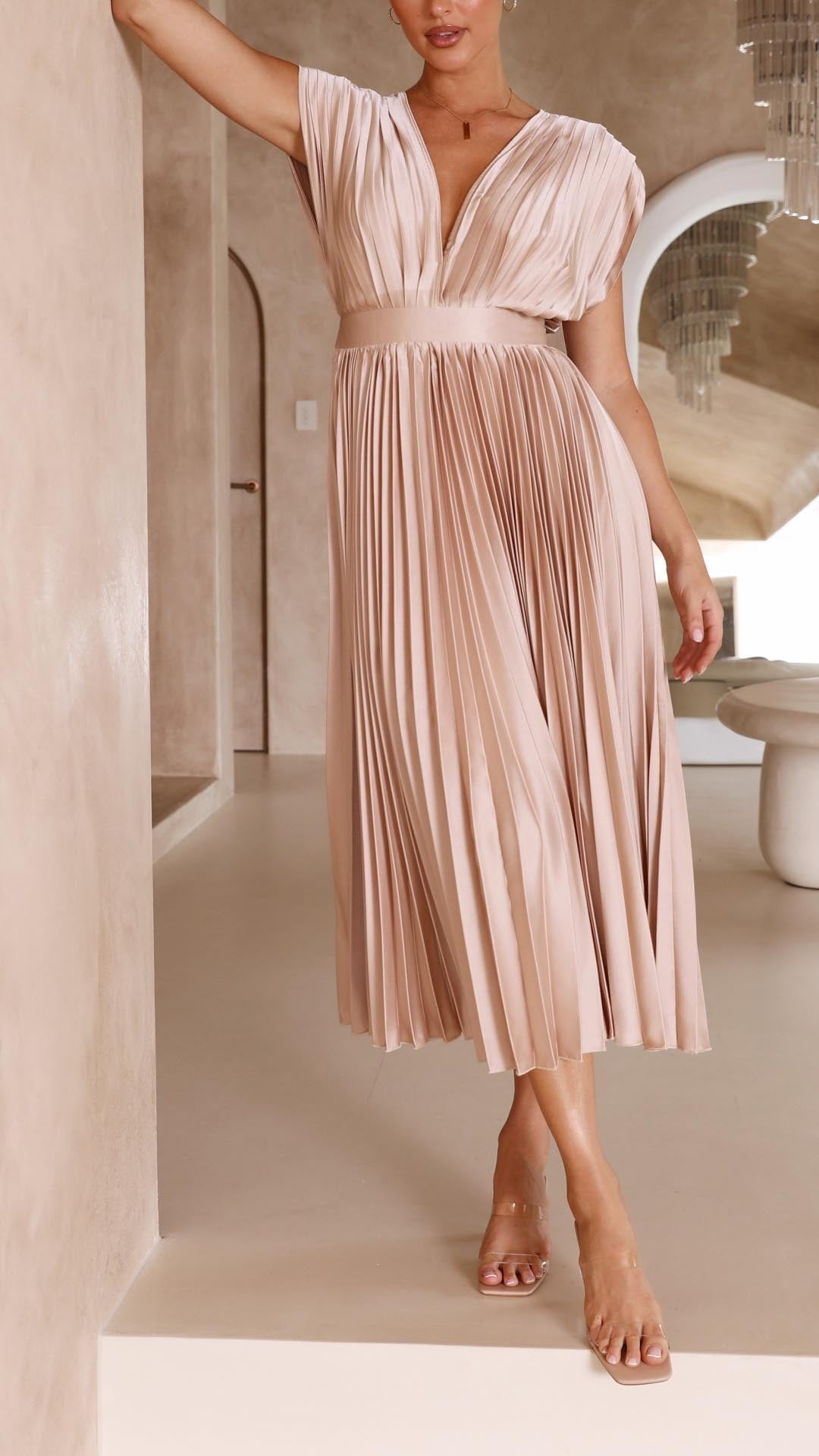 Pleated V-Neck Midi Dress Cap Sleeve Wedding Guest