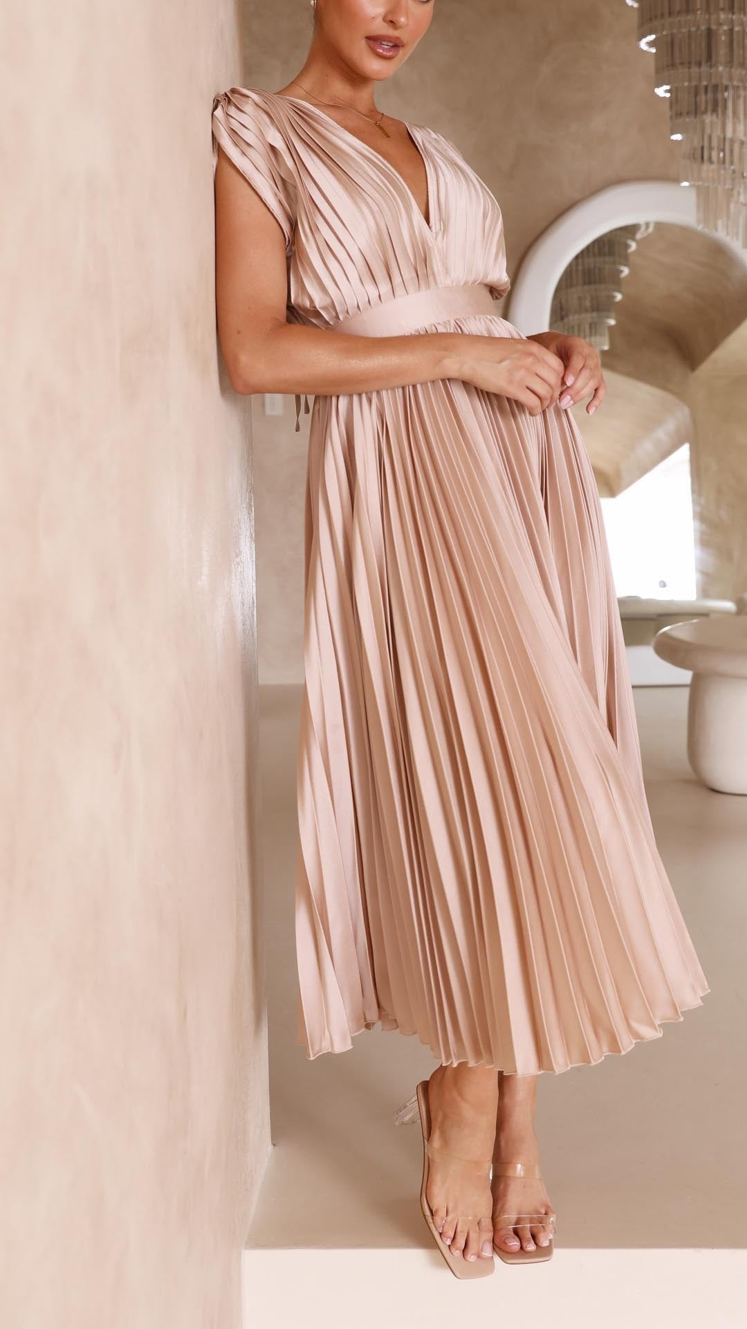 Pleated V-Neck Midi Dress Cap Sleeve Wedding Guest