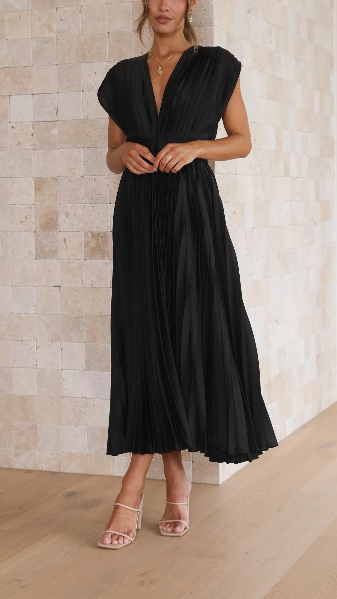 Pleated V-Neck Midi Dress Cap Sleeve Wedding Guest