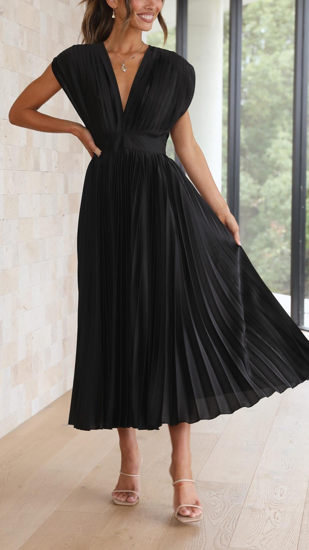 Pleated V-Neck Midi Dress Cap Sleeve Wedding Guest