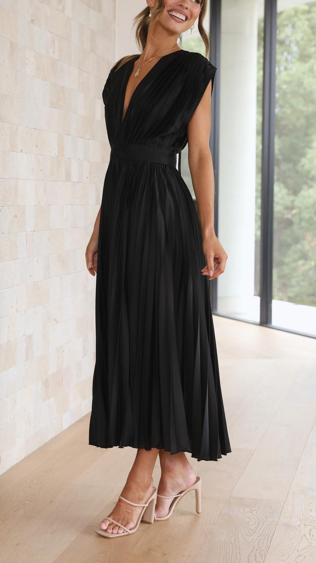 Pleated V-Neck Midi Dress Cap Sleeve Wedding Guest