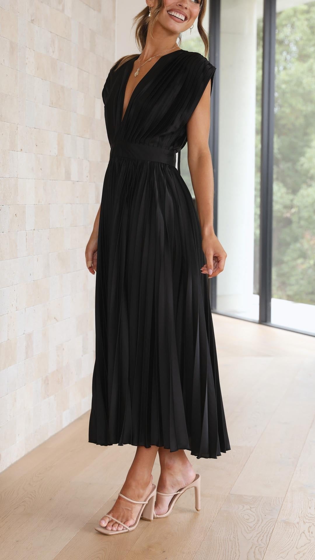 Pleated V-Neck Midi Dress Cap Sleeve Wedding Guest