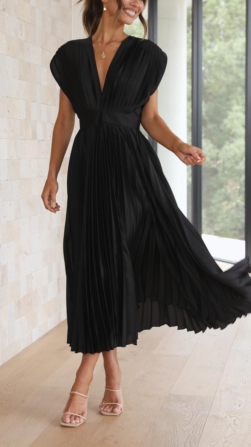 Pleated V-Neck Midi Dress Cap Sleeve Wedding Guest - Black