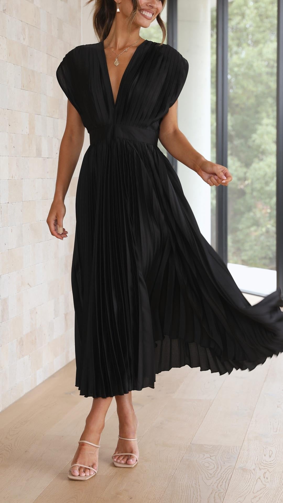 Pleated V-Neck Midi Dress Cap Sleeve Wedding Guest - Black