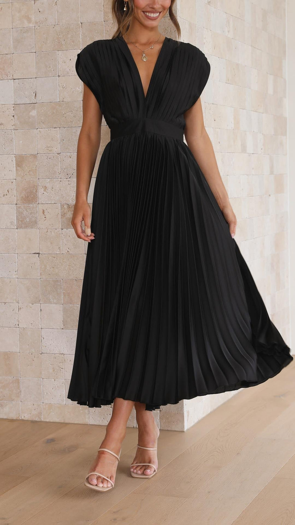 Pleated V-Neck Midi Dress Cap Sleeve Wedding Guest
