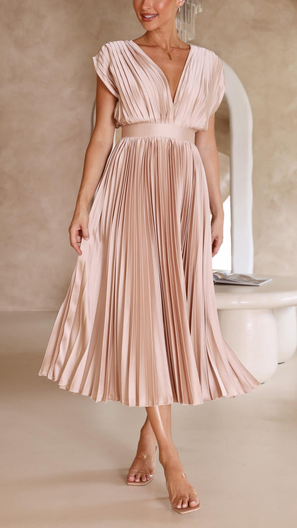 Pleated V-Neck Midi Dress Cap Sleeve Wedding Guest - Champagne