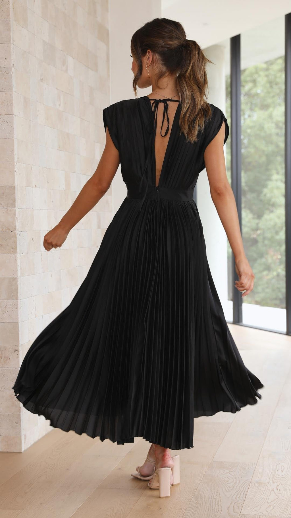 Pleated V-Neck Midi Dress Cap Sleeve Wedding Guest