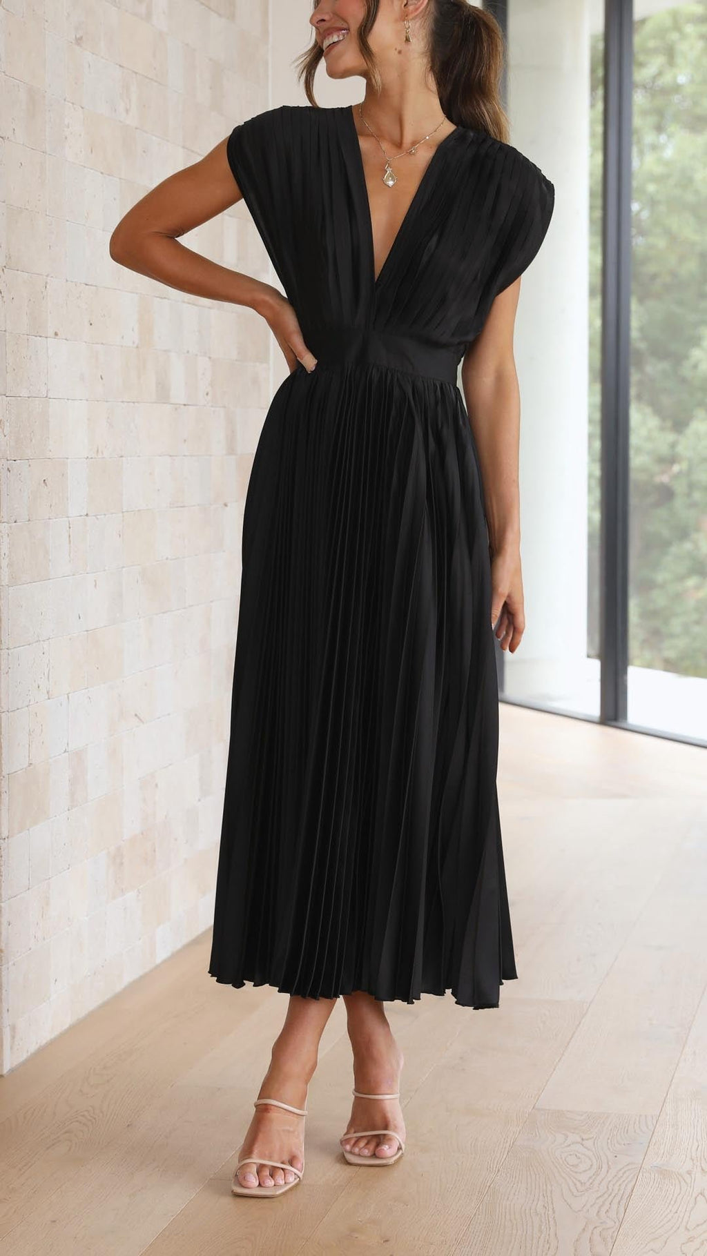 Pleated V-Neck Midi Dress Cap Sleeve Wedding Guest