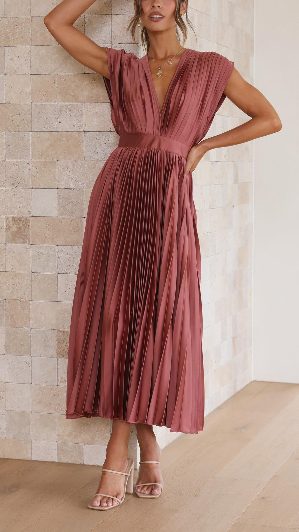 Pleated V-Neck Midi Dress Cap Sleeve Wedding Guest