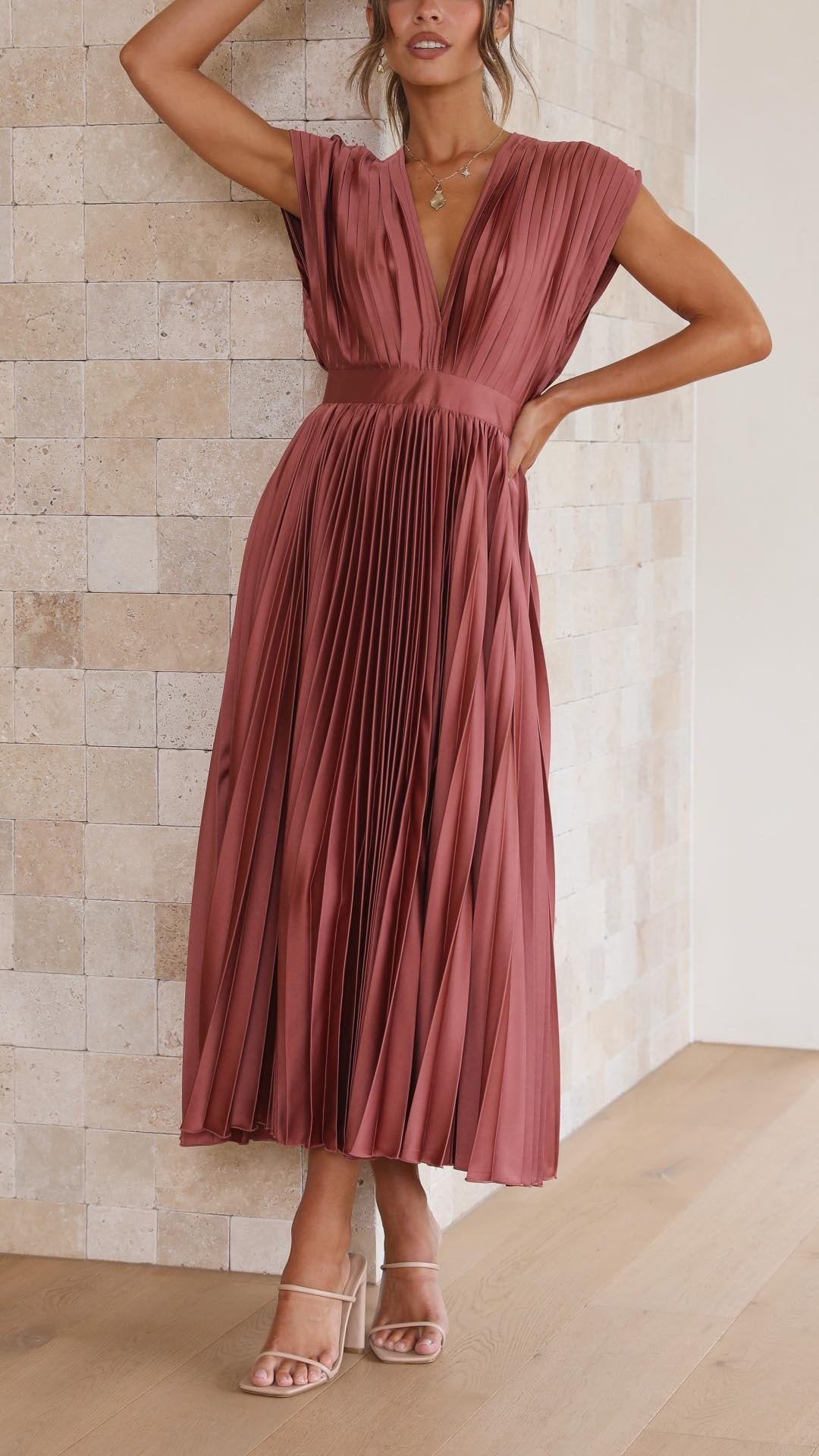 Pleated V-Neck Midi Dress Cap Sleeve Wedding Guest