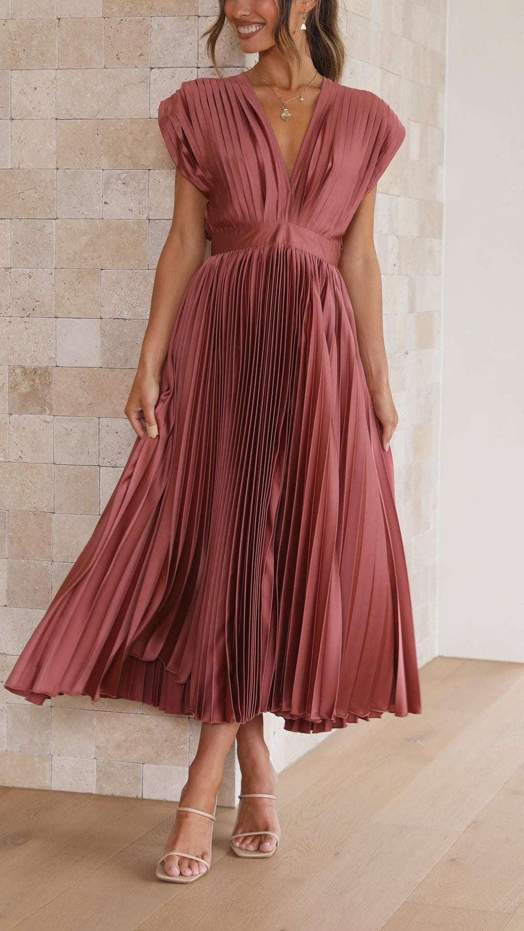 Pleated V-Neck Midi Dress Cap Sleeve Wedding Guest - Antique Pink
