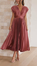 Pleated V-Neck Midi Dress Cap Sleeve Wedding Guest - Antique Pink