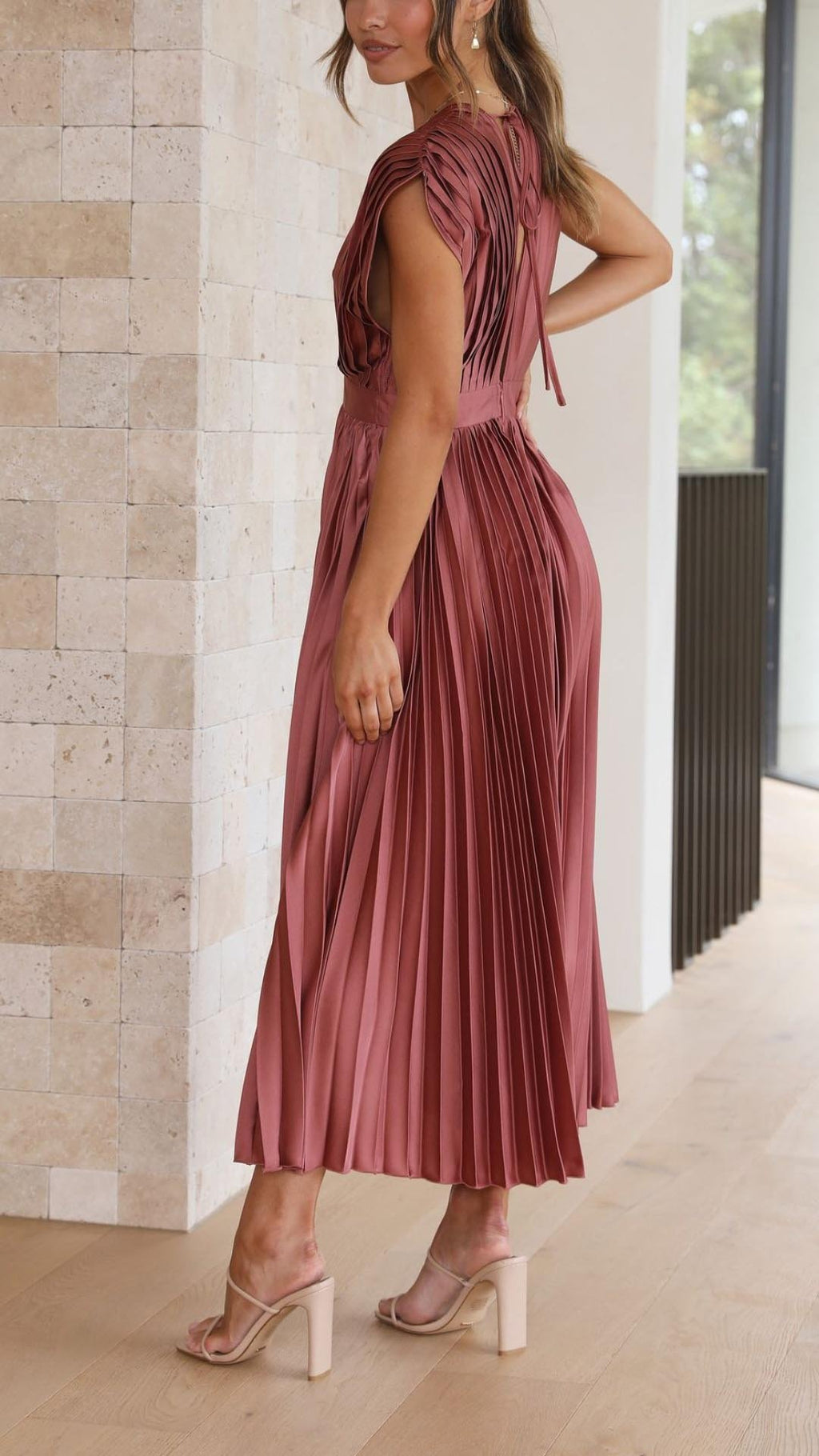 Pleated V-Neck Midi Dress Cap Sleeve Wedding Guest