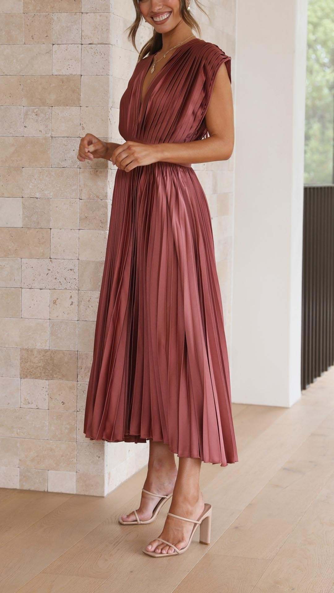 Pleated V-Neck Midi Dress Cap Sleeve Wedding Guest
