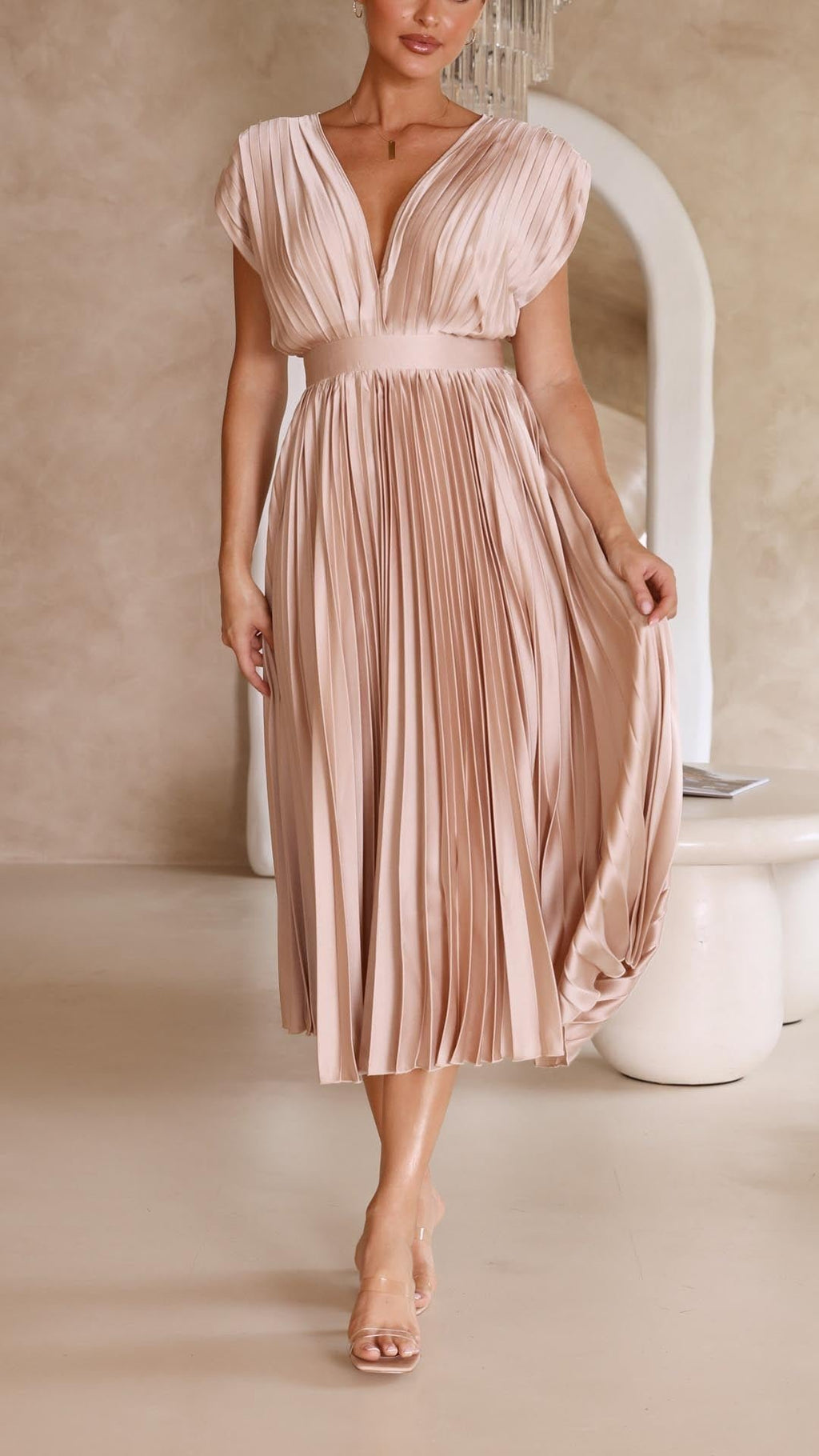 Pleated V-Neck Midi Dress Cap Sleeve Wedding Guest