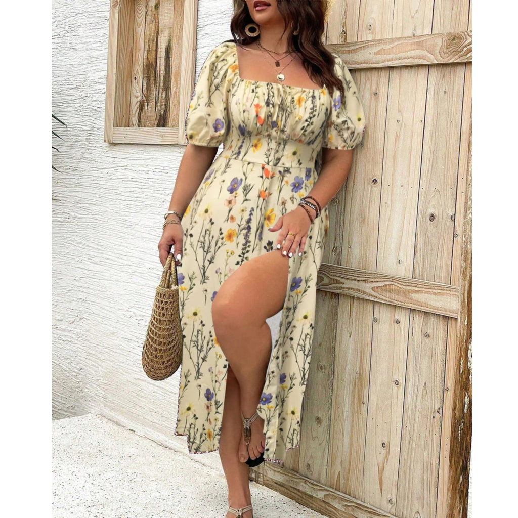Plus Size Puff Sleeve Maxi Dress Elegant Flattering Fit - Apricot