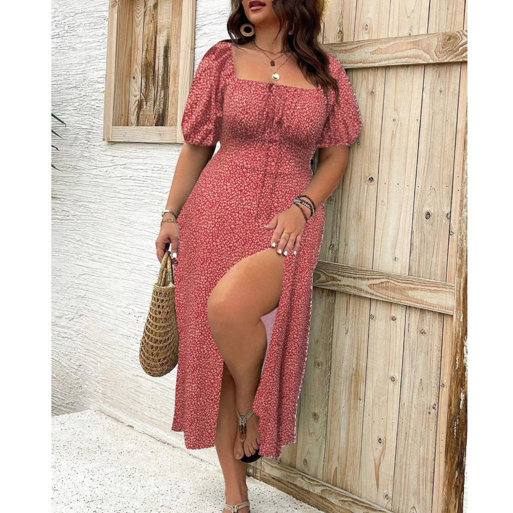 Plus Size Puff Sleeve Maxi Dress Elegant Flattering Fit - Red