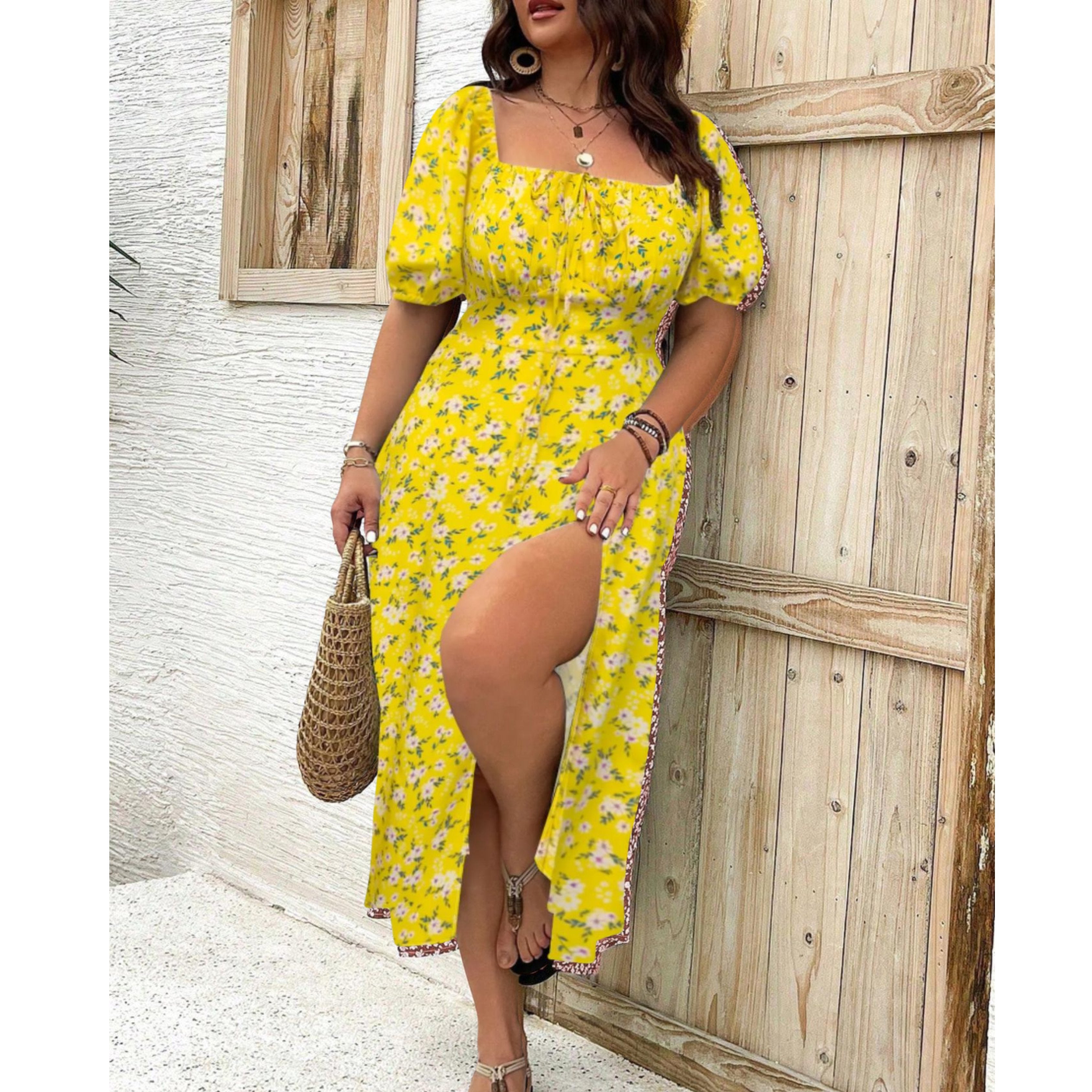 Plus Size Puff Sleeve Maxi Dress Elegant Flattering Fit - Yellow