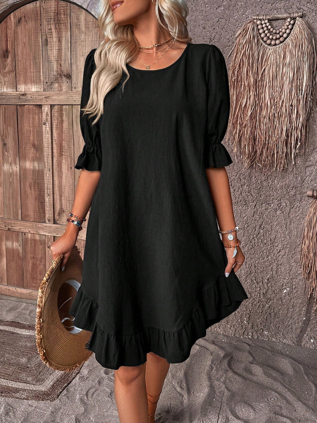 Ruffle Hem Summer Dress Short Sleeve Relaxed Fit - Black (Almost sold out)
