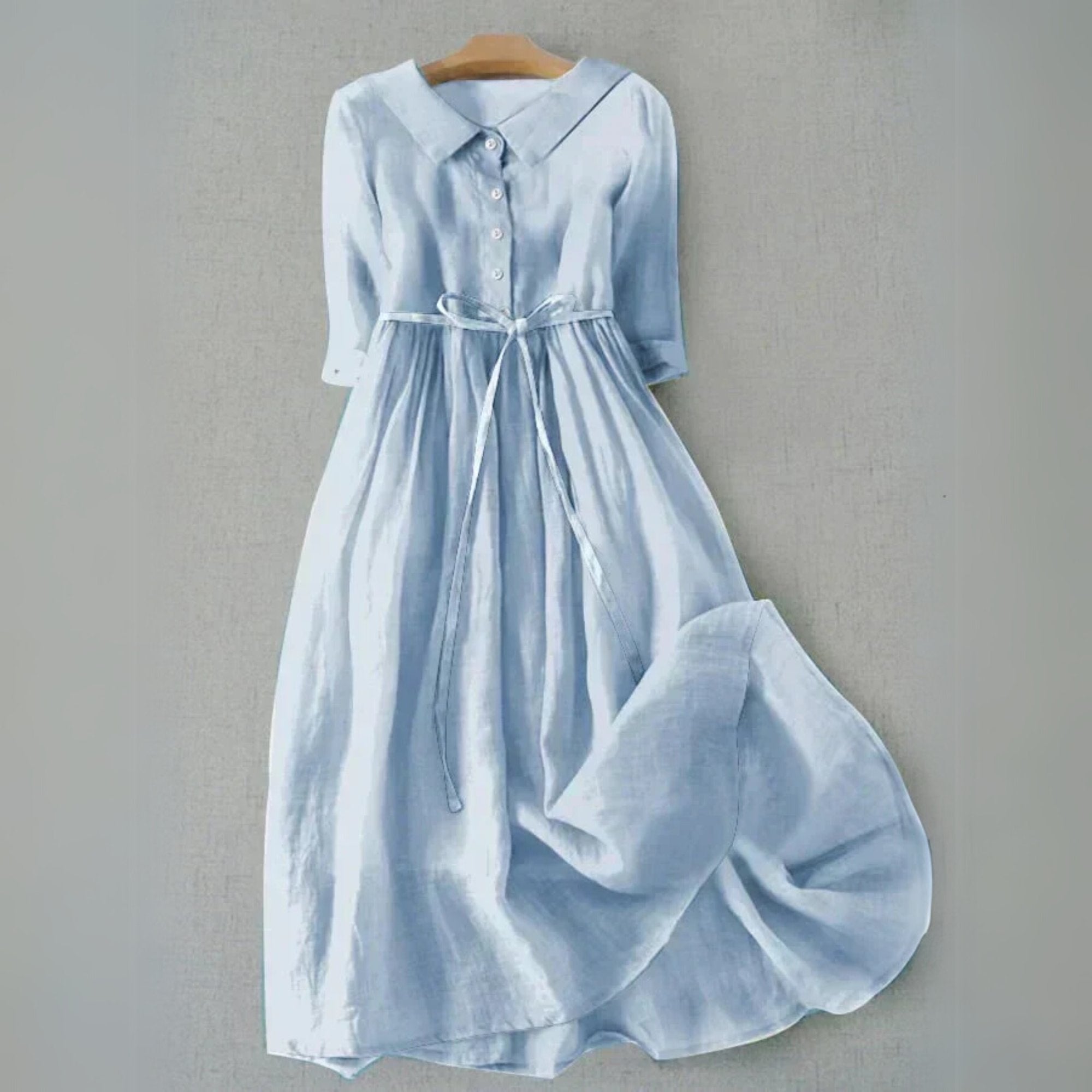 Shirt Dress Midi Length Button Front Belted Casual - Sky Blue