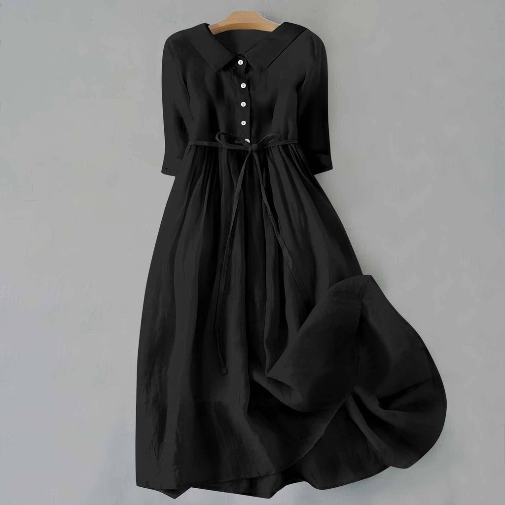 Shirt Dress Midi Length Button Front Belted Casual - Black