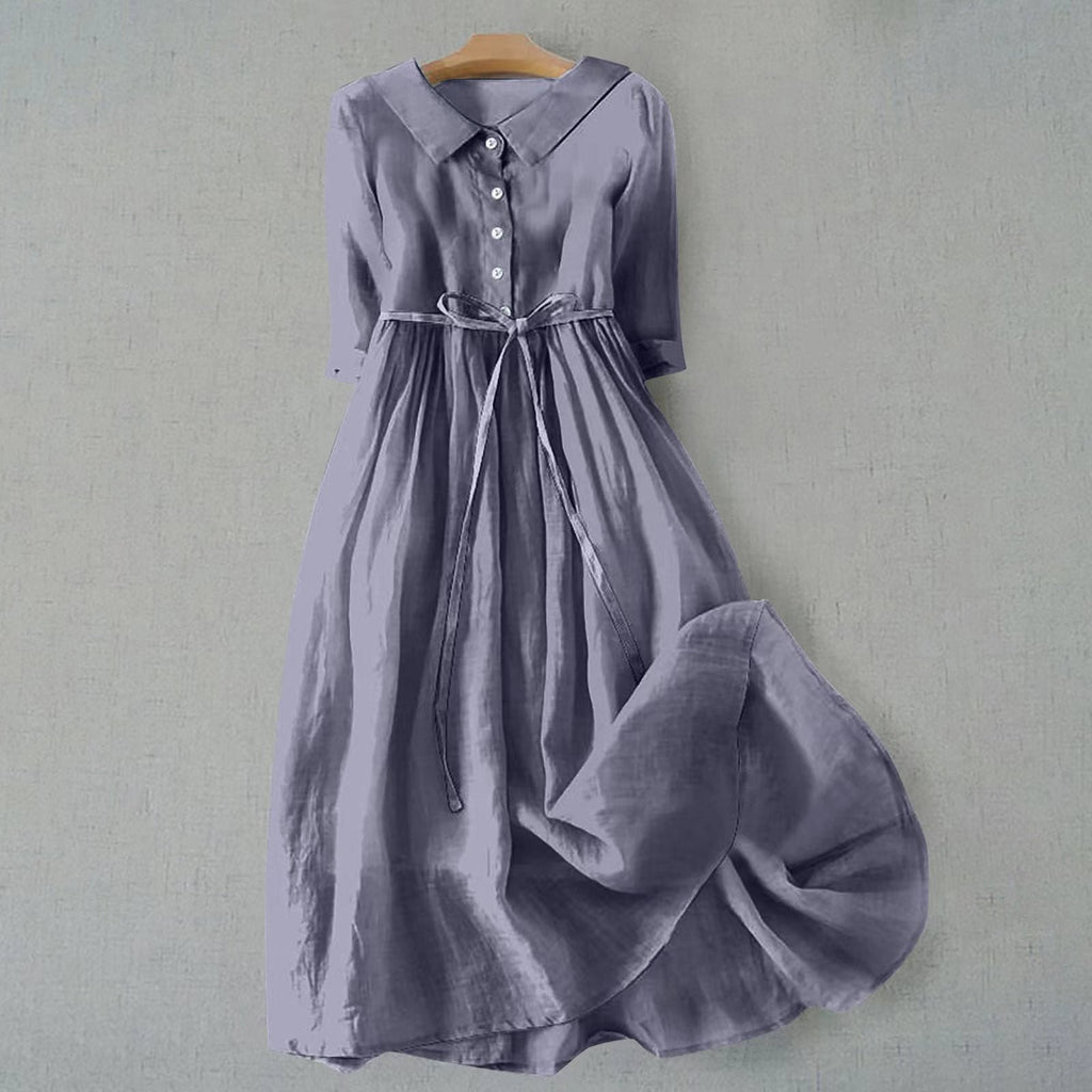 Shirt Dress Midi Length Button Front Belted Casual - Lavender Gray