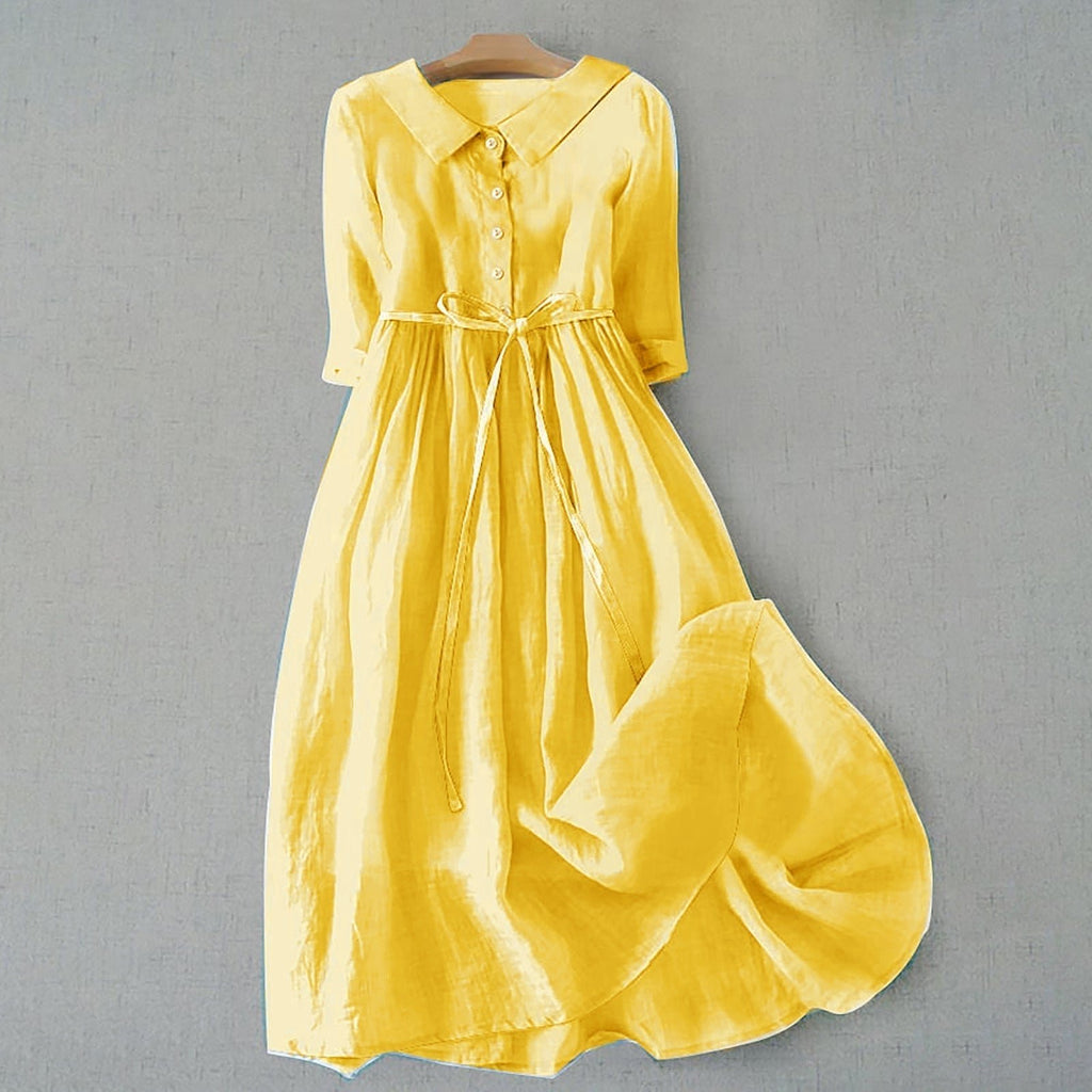 Shirt Dress Midi Length Button Front Belted Casual - Yellow
