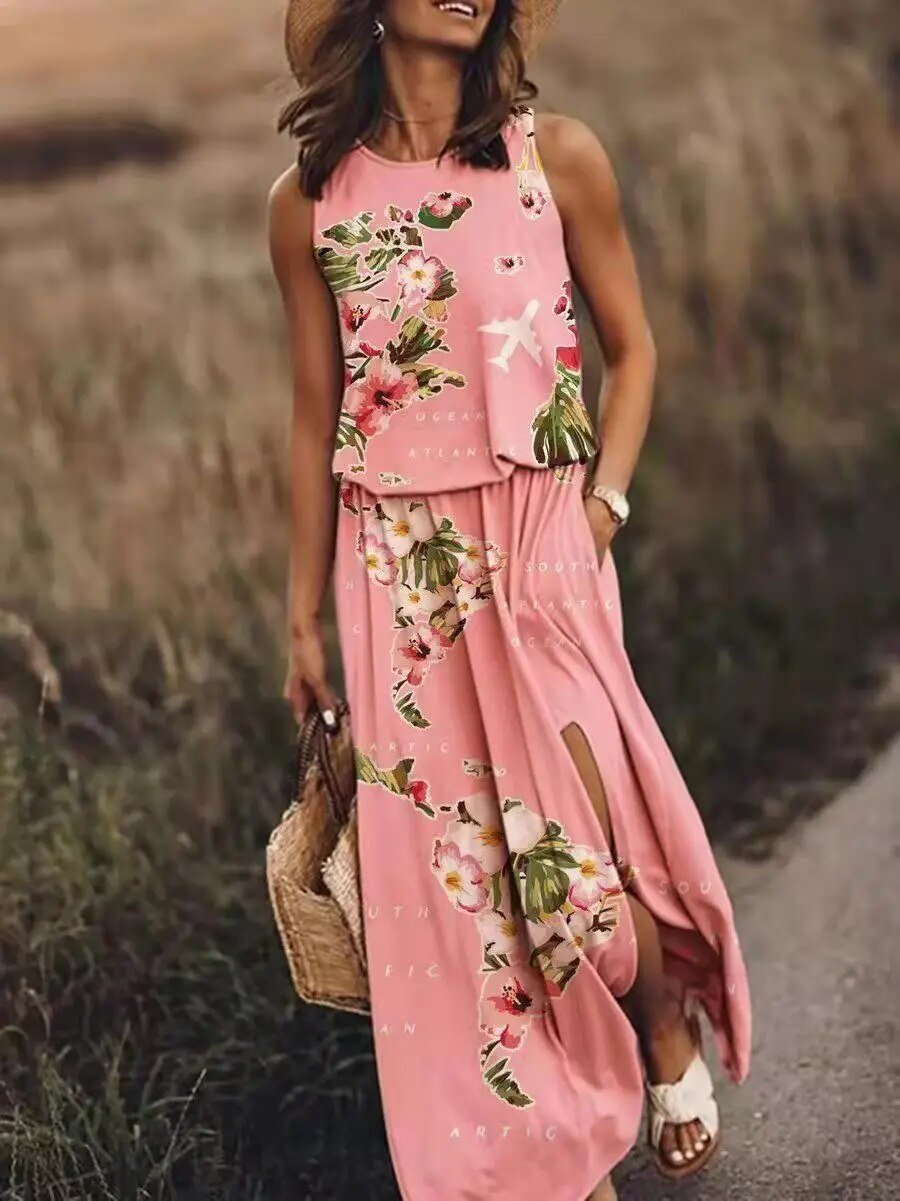 Sleeveless Maxi Dress Elastic Waist Boho Summer Floral - Pink