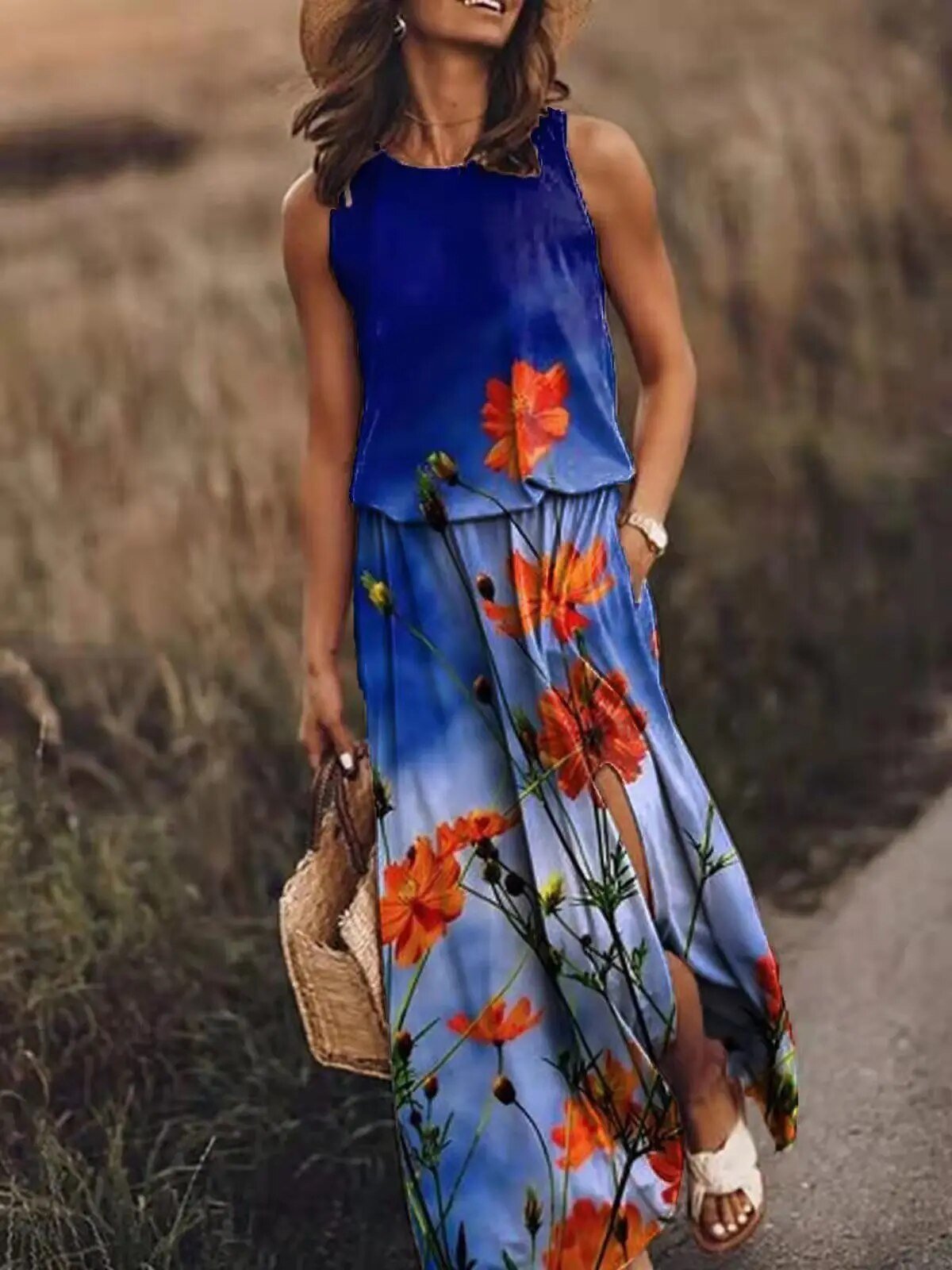 Sleeveless Maxi Dress Elastic Waist Boho Summer Floral - Blue