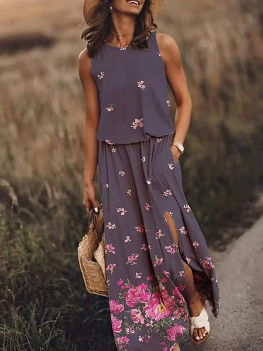 Sleeveless Maxi Dress Elastic Waist Boho Summer Floral - Purple