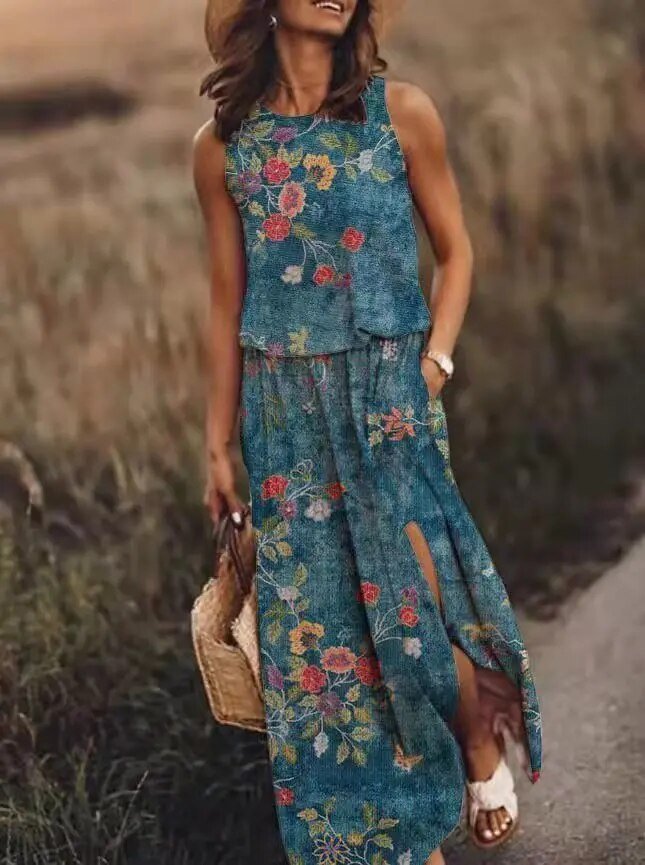 Sleeveless Maxi Dress Elastic Waist Boho Summer Floral - Light Blue